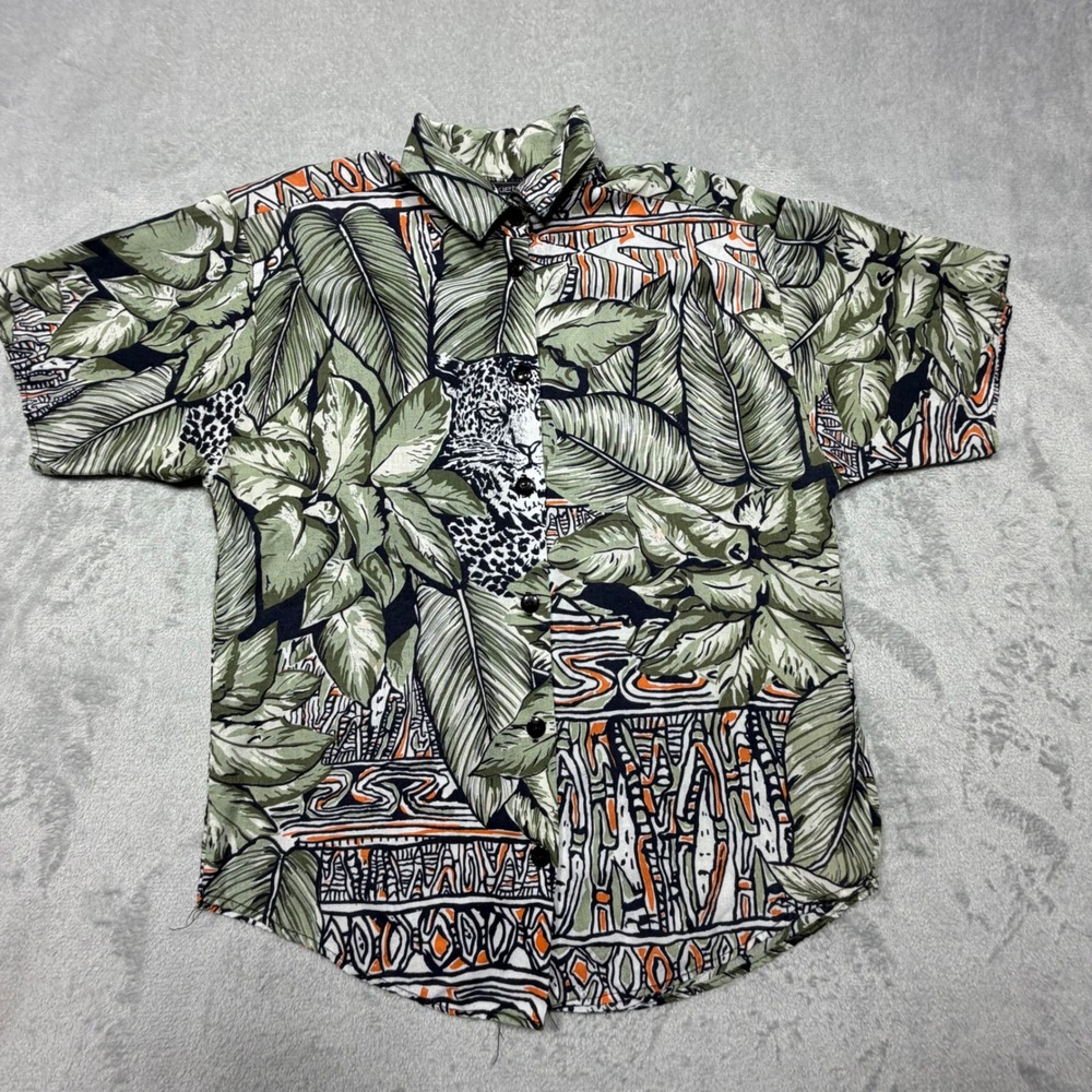 Vintage‎ 90s Anxiety Leopard Jungle Print Rayon Shirt Green Black Small Made USA